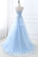 A Line Sweetheart Tulle Sky Blue Prom Party Gowns With Sequins