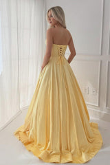 A Line Sweetheart Yellow Long Prom Dress With Beading Keyhole Formal Evening Gown
