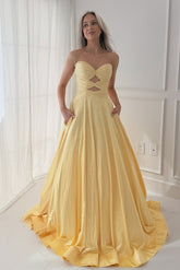 A Line Sweetheart Yellow Long Prom Dress With Beading Keyhole Formal Evening Gown
