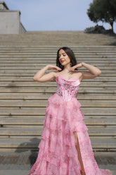 A Line Tiered Prom Dress Blush Sweetheart Corset Floral Long Formal Dress