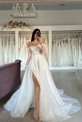 A Line Tulle Lace Strapless Sleeve White Wedding Dress Bridal Gown With Split Front