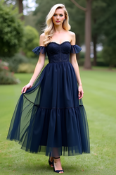 A Line Tulle Navy Wedding Guest Dress Sweetheart Ankle-Length Formal Dress