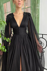 A Line V Neck Formal Dress Long Sleeve Split Front Appliques Lace Vintage Prom Dress