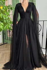 A Line V Neck Formal Dress Long Sleeve Split Front Appliques Lace Vintage Prom Dress