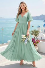 A-Line V-Neck Half Sleeves Long Chiffon Bridesmaid Dresses with Ruffles Split Side Pockets