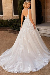 A Line V Neck Lace Wedding Dress