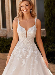 A Line V Neck Lace Wedding Dress
