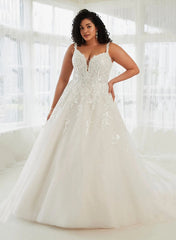 A Line V Neck Lace Wedding Dress