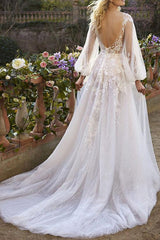 A Line V Neck Long Sleeves Lace Chapel Train Wedding Dress With Appliques Lace
