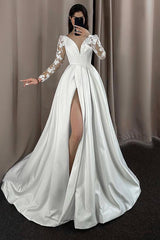 A Line V Neck Long Sleeves Lace/Satin Wedding Dress With Split Front