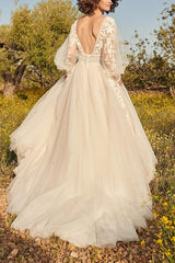 A Line V Neck Long Sleeves Lace/Tulle Wedding Dress