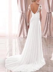 A Line V Neck Long Sleeves Organza Court Train Wedding Dress With Lace: