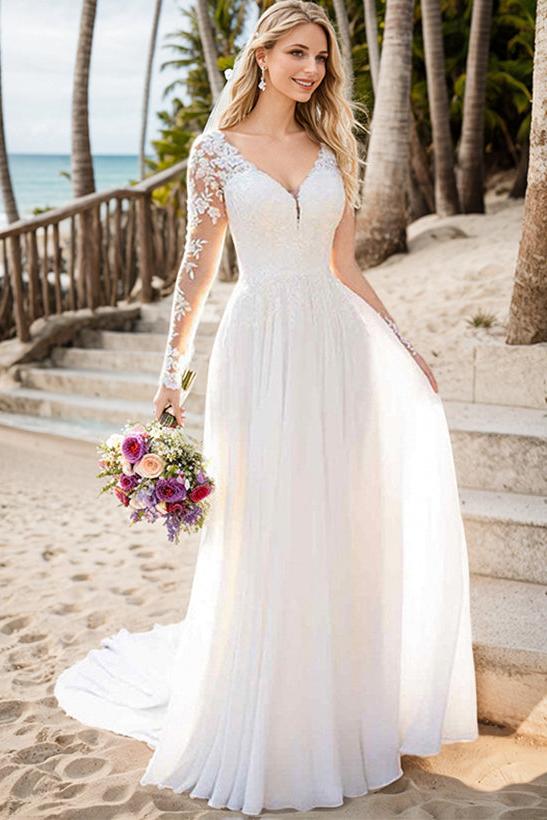 A Line V Neck Long Sleeves Organza Court Train Wedding Dress With Lace: