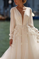 A Line V Neck Long Sleeves Organza Wedding Dress With Lace Appliques