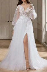 A Line V Neck Long Sleeves Sweep Train Chiffon Lace Wedding Dress with Front Slit and Appliques