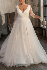 A Line V Neck Long Sleeves Sweep Train Tulle Wedding Dress for Plus Size