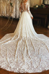 A Line V Neck Long Sleeves Tulle Wedding Dress With Appliques Lace