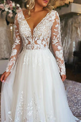 A Line V Neck Long Sleeves Tulle Wedding Dress With Appliques Lace