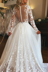 A Line V Neck Long Sleeves Tulle Wedding Dress With Appliques Lace