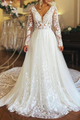 A Line V Neck Long Sleeves Tulle Wedding Dress With Appliques Lace