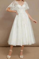 A Line V Neck Short Sleeves Tea Length Satin Wedding Dress with Appliques