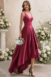 A Line V Neck Sleeveless Asymmetrical Satin Bridesmaid Dress