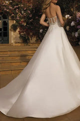 A Line V Neck Sleeveless Court Train Satin Wedding Dress With Lace