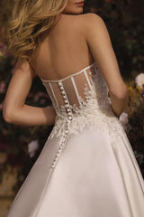 A Line V Neck Sleeveless Court Train Satin Wedding Dress With Lace