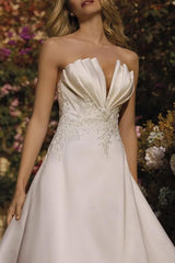 A Line V Neck Sleeveless Court Train Satin Wedding Dress With Lace