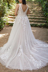 A Line V Neck Sleeveless Court Train Tulle Wedding Dress With Appliques Lace