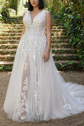 A Line V Neck Sleeveless Court Train Tulle Wedding Dress With Appliques Lace
