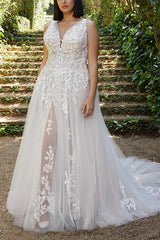 A Line V Neck Sleeveless Court Train Tulle Wedding Dress With Appliques Lace