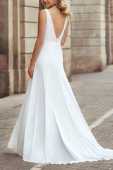 A Line V Neck Sleeveless Elastic Satin Wedding Dress With Front Split