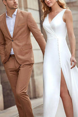 A Line V Neck Sleeveless Elastic Satin Wedding Dress With Front Split