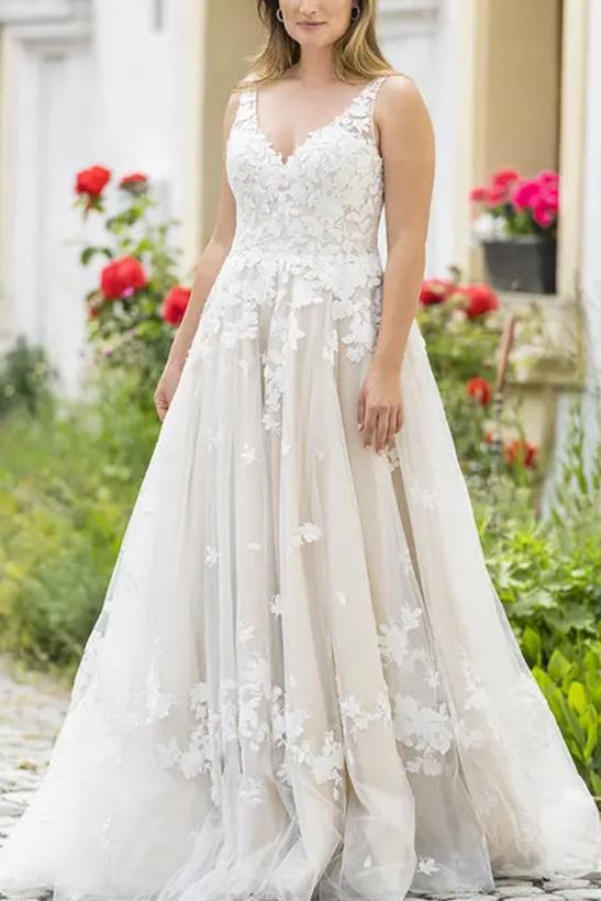 A Line V Neck Sleeveless Lace Wedding Dress With Appliques Lace