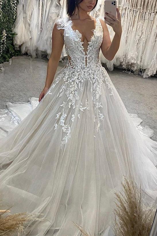 A Line V Neck Sleeveless Sweep Train Lace Tulle Wedding Dress