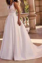 A Line V Neck Sleeveless Sweep Train Satin Wedding Dress with Appliques