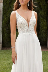 A Line V Neck Sweep Train Chiffon Wedding Dress With Split Front