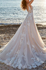 A Line V Neck Sweep Train Tulle Bridal Gown