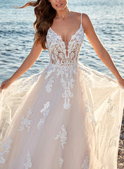 A Line V Neck Sweep Train Tulle Bridal Gown