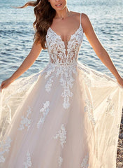 A Line V Neck Sweep Train Tulle Bridal Gown