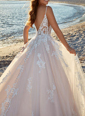 A Line V Neck Sweep Train Tulle Bridal Gown
