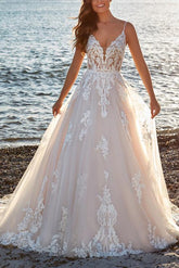 A Line V Neck Sweep Train Tulle Bridal Gown