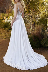 A Line V Neck Tulle Wedding Dress With Split Front/Appliques Lace