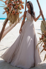 A Line V Neck Wedding Dress Lace Beading Sleeveless Beach Bridal Gown