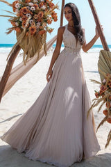 A Line V Neck Wedding Dress Lace Beading Sleeveless Beach Bridal Gown