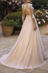 A Line V Neck Wedding Dress With 3/4 Sleeves Lace/Tulle Appliques Lace/Back Hole