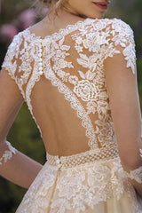 A Line V Neck Wedding Dress With 3/4 Sleeves Lace/Tulle Appliques Lace/Back Hole