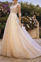 A Line V Neck Wedding Dress With 3/4 Sleeves Lace/Tulle Appliques Lace/Back Hole