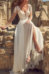 A Line V neck Long Sleeves Lace/Tulle Wedding Dress With Front Split